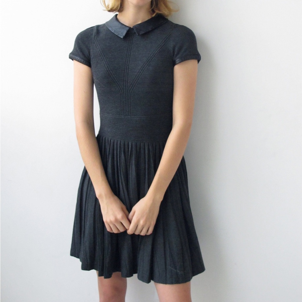 Milly Grey Ribbed Dress With Leather Collar